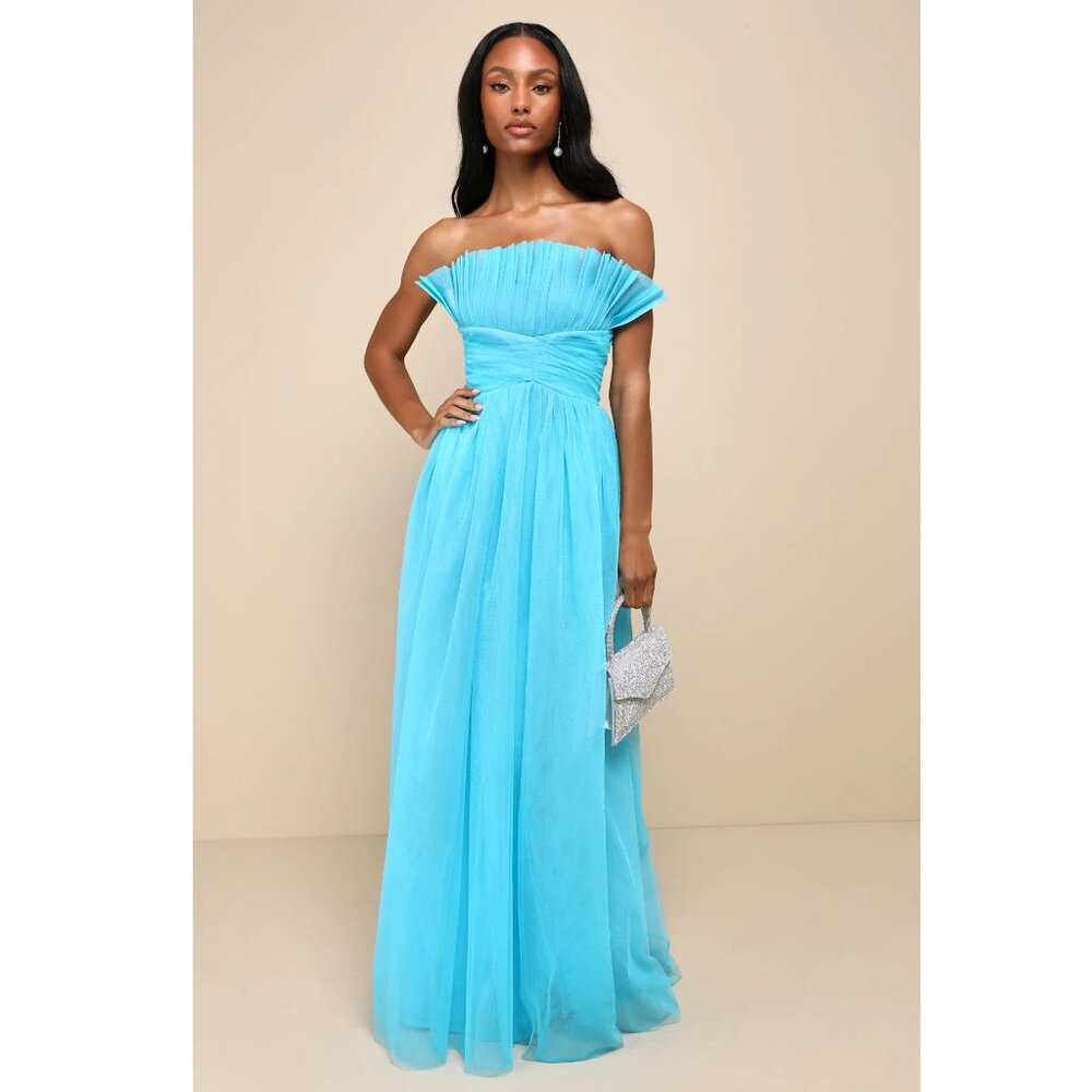 New Lulus Undeniably Iconic Teal Blue Tulle Pleated Strapless Maxi Dress P1995